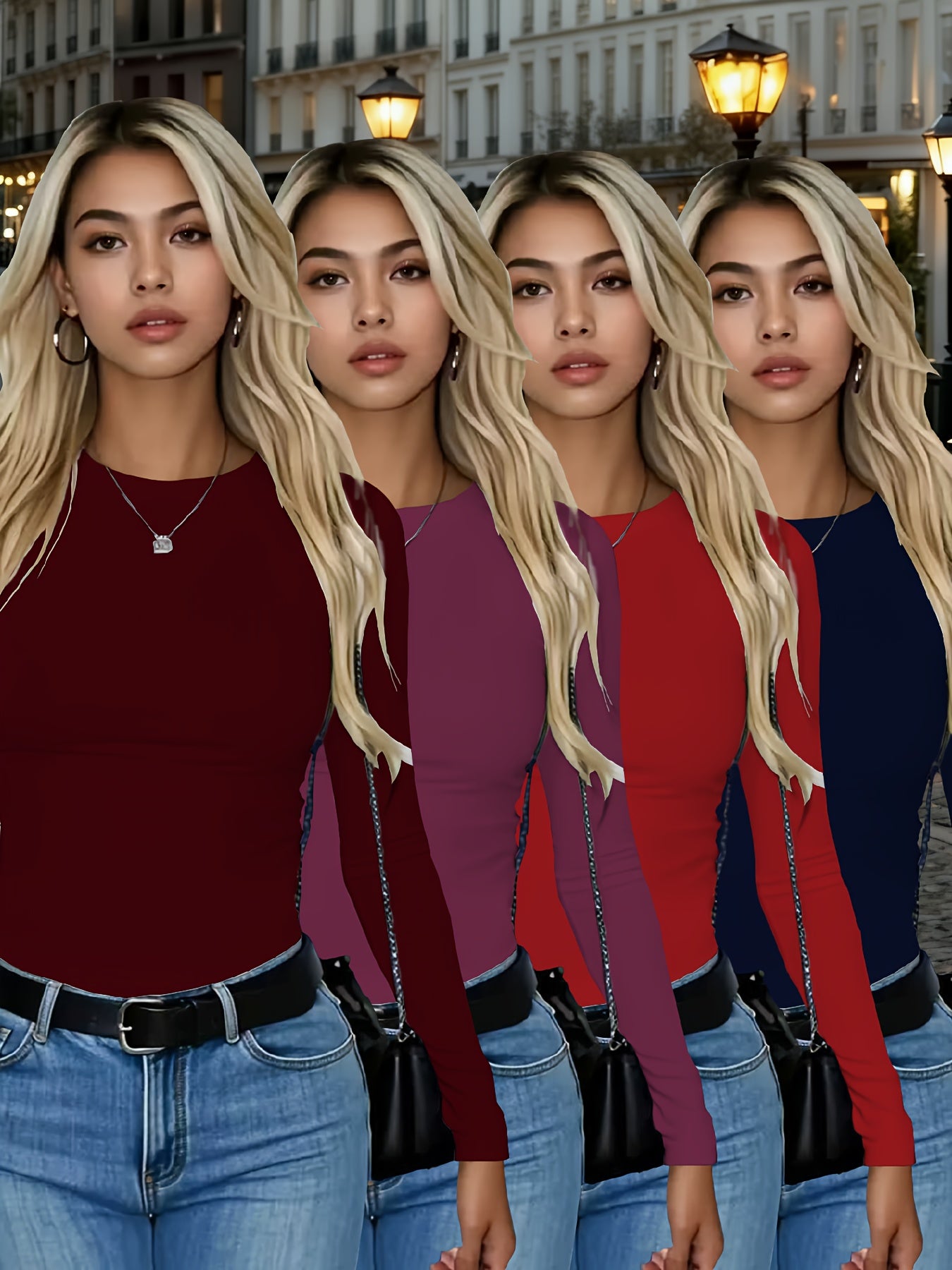 4er-Pack Damen Langarmshirts Rundhals – Stretch Basic-Tops Uni-Farben