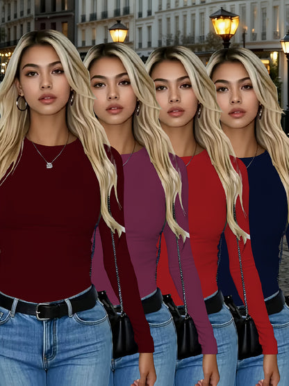 4er-Pack Damen Langarmshirts Rundhals – Stretch Basic-Tops Uni-Farben