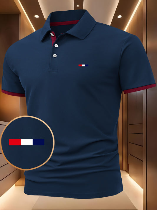 Herren -Shirt Rot mit weiß-blauem Muster – Kurzarm, Knopfkragen, leicht dehnbar, ideal für Sommer & Freizeit