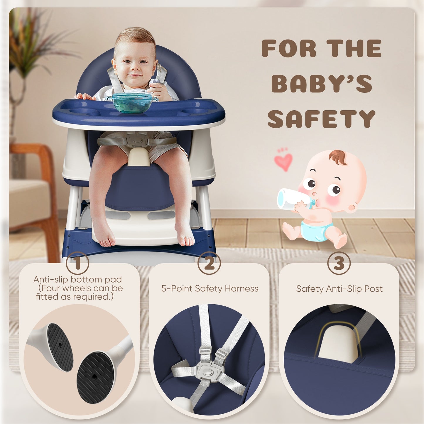 4-in-1 Baby-Hochstuhl mitwachsend - Verstellbar mit Sicherheitsgurt, Tablett & PU-Polster, Blau