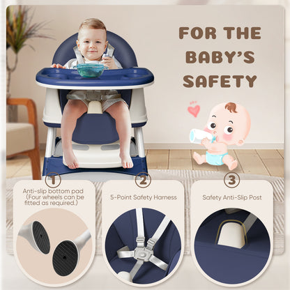 4-in-1 Baby-Hochstuhl mitwachsend - Verstellbar mit Sicherheitsgurt, Tablett & PU-Polster, Blau