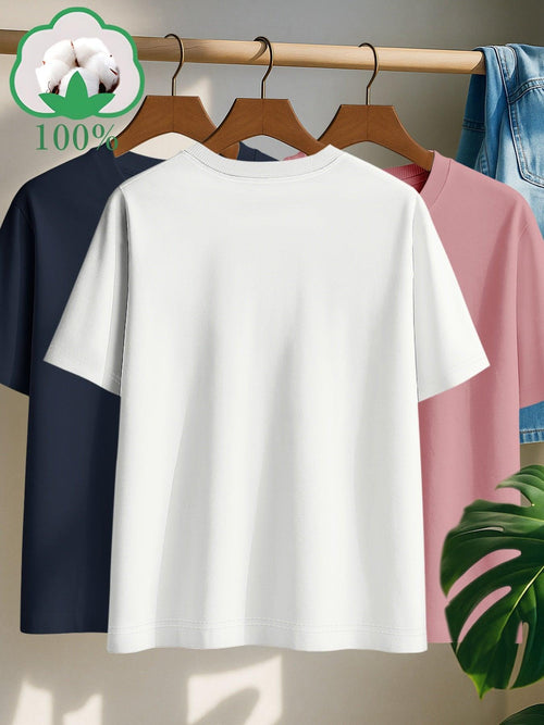 3-Pack Women's Short Sleeve Round Neck 100% Cotton T-Shirts – Basic Summer Tops