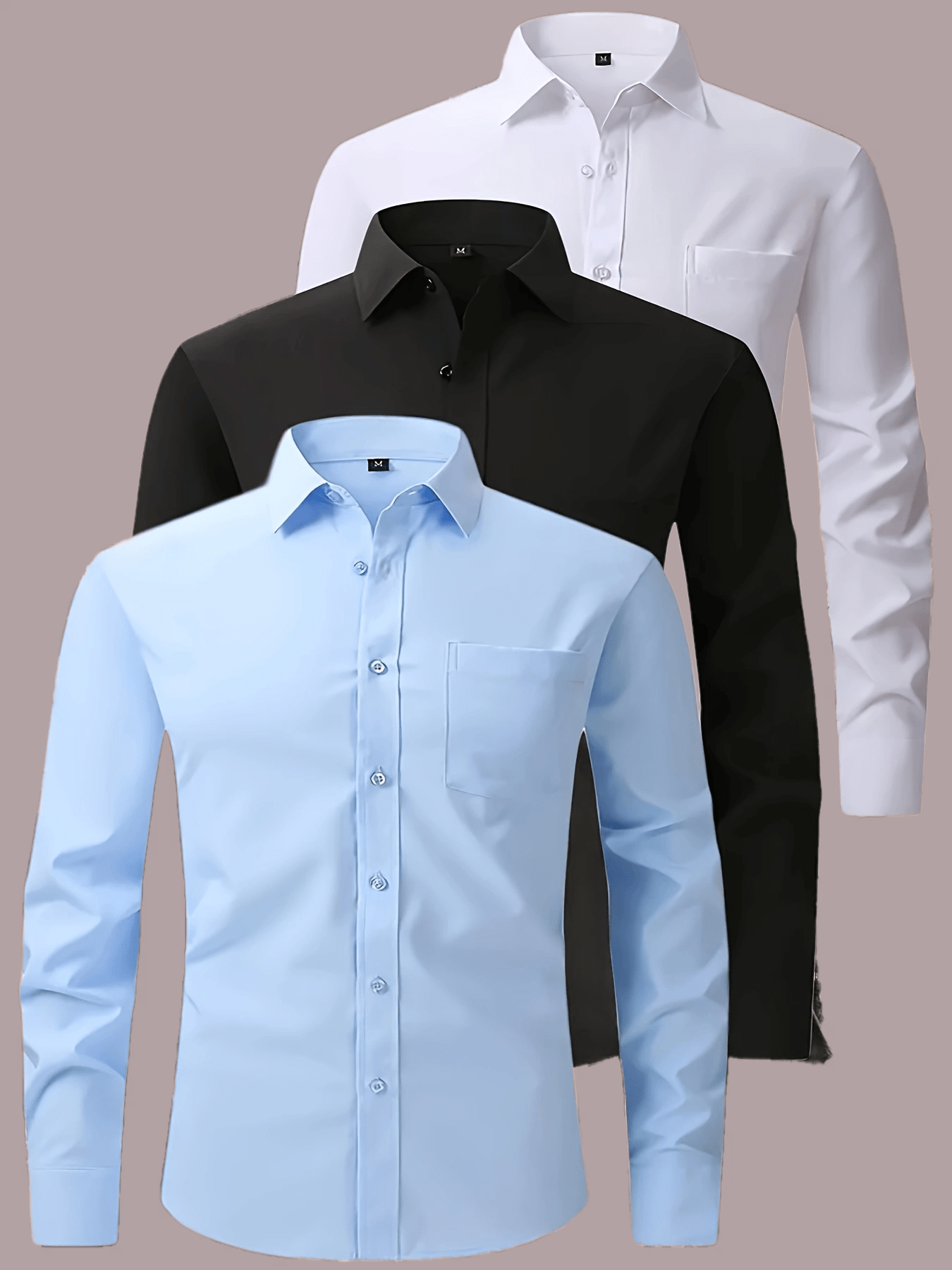 3er-Pack Herren Business-Freizeithemden – Langarm, einfarbig, Regular Fit, mit Taschen – Polyester-Mix, ideal für Frühling & Herbst, vielseitig kombinierbar