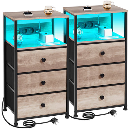 AMHANCIBLE 2er Set Nachttische mit 3 Stoffschubladen, LED-Beleuchtung & Ladefunktion – Modern & Praktisch