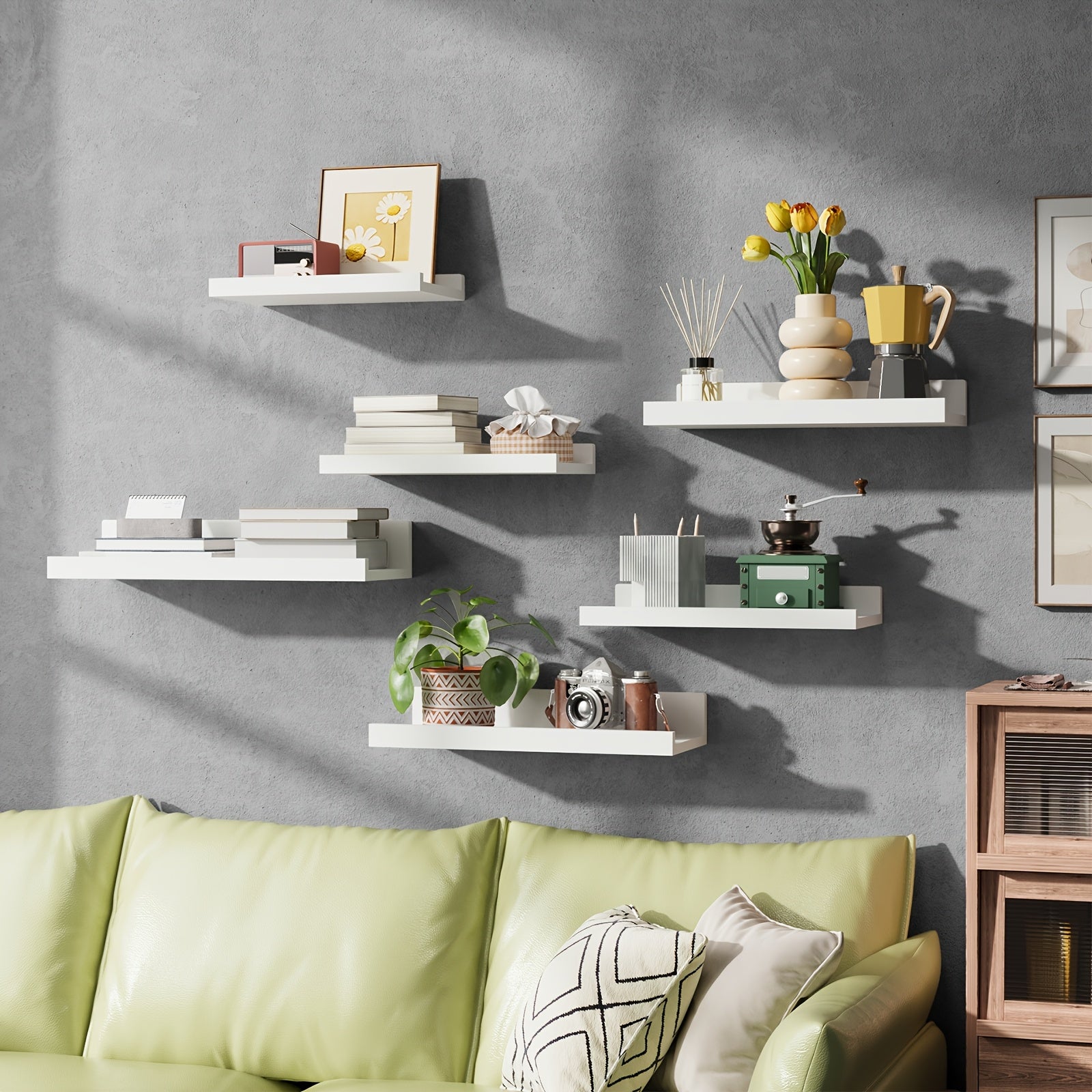 Tomnk 6pcs Uneven Length Floating Shelves for Wall, U-Shaped Wall Shelves of Different Lengths, MDF Multi-Functional Storage Shelves, Strong Load-Bearing Capacity, Three Colors Available, Suitable for Bedrooms, Living Rooms, Kitchens, Bathrooms