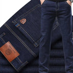 Dunkelblaue herren stoffhose mit kontrastierenden gelben nähten und braunen lederpatches für besondere anlässe