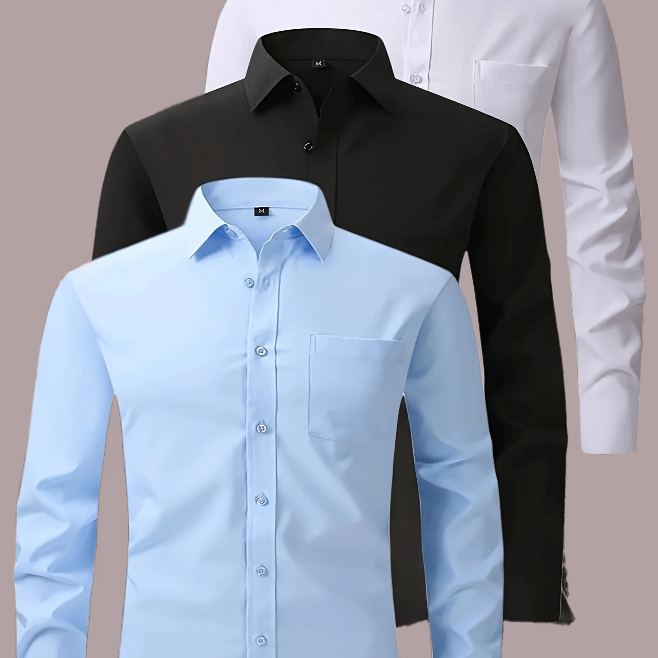 3er-Pack Herren Business-Freizeithemden – Langarm, einfarbig, Regular Fit, mit Taschen – Polyester-Mix, ideal für Frühling & Herbst, vielseitig kombinierbar