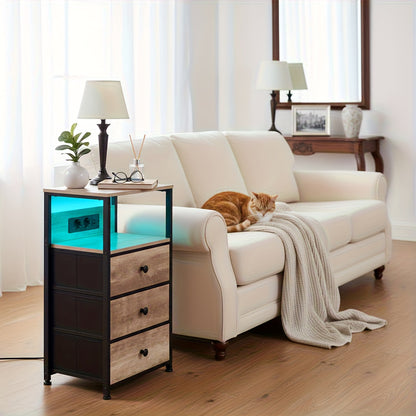 AMHANCIBLE 2er Set Nachttische mit 3 Stoffschubladen, LED-Beleuchtung & Ladefunktion – Modern & Praktisch