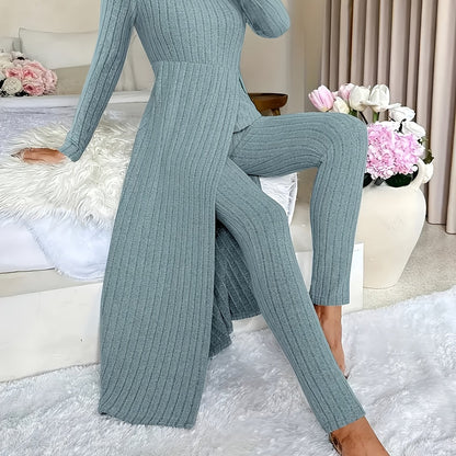 1 Clothes 1 Pants Casual Loose Long Sleeve Dress & Pants Set – Soft Fleece, 3D Stripe Design, hoher Schlitz, Crew Neck, bequem für Alltag & Zuhause