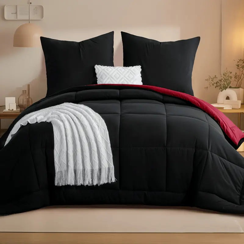 Schwarzes wendbares steppdecken-set mit roter innenfüllung und weißer texturierter decke ideal als geschenkideen online bestellen