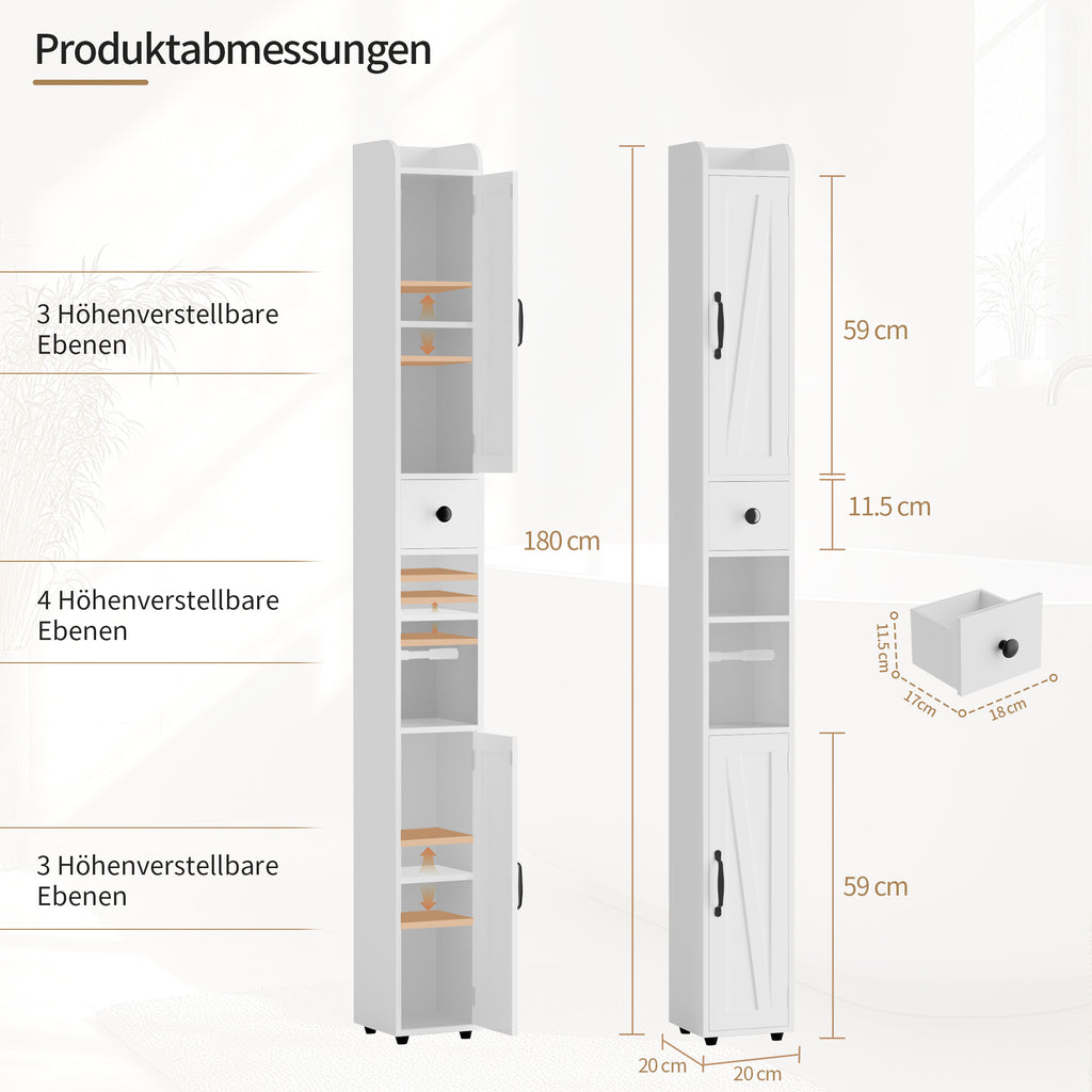 Badezimmerschrank Schmal – 20x20x180cm mit Schubladen, Regalen & Rollenhalter