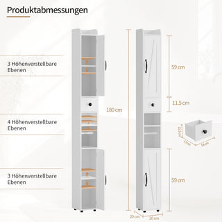 Badezimmerschrank Schmal – 20x20x180cm mit Schubladen, Regalen & Rollenhalter