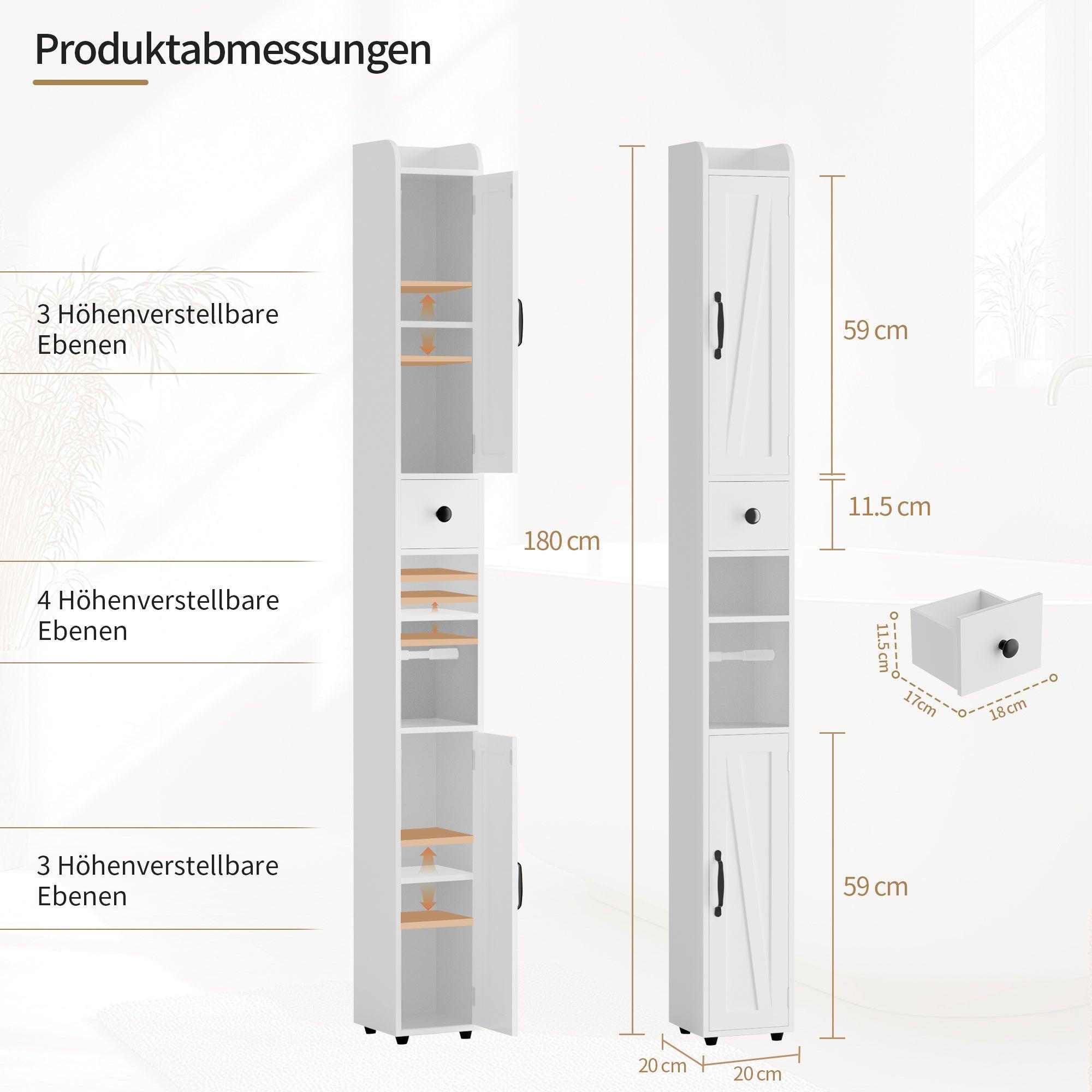 Badezimmerschrank Schmal – 20x20x180cm mit Schubladen, Regalen & Rollenhalter