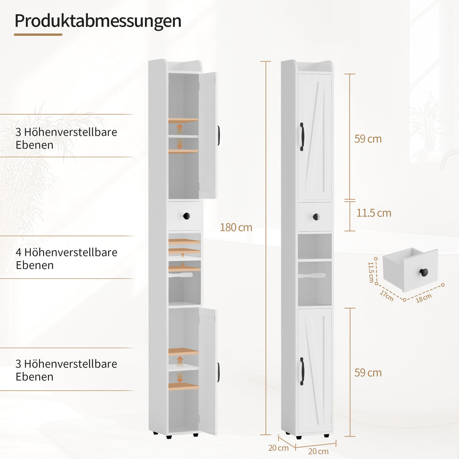 Badezimmerschrank Schmal – 20x20x180cm mit Schubladen, Regalen & Rollenhalter
