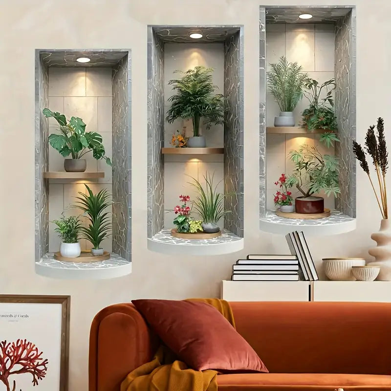 3er-Set 3D Wandsticker mit Blumentopf – Selbstklebend, leicht anzubringen & zu entfernen – Deko für Wohnzimmer, Schlafzimmer, Esszimmer