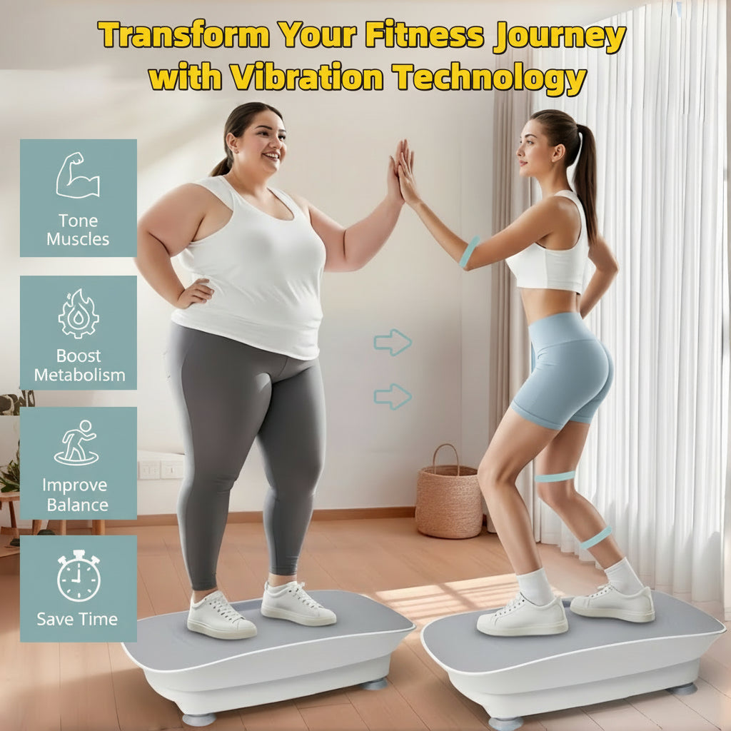 Frauen Vibrationsplatte – kompakte weiße Fitnessplattform mit LED-Display, Fernbedienung und rutschfestem Silikonpad für leises Ganzkörpertraining, Muskelstraffung und Core-Stärkung zuhause.
