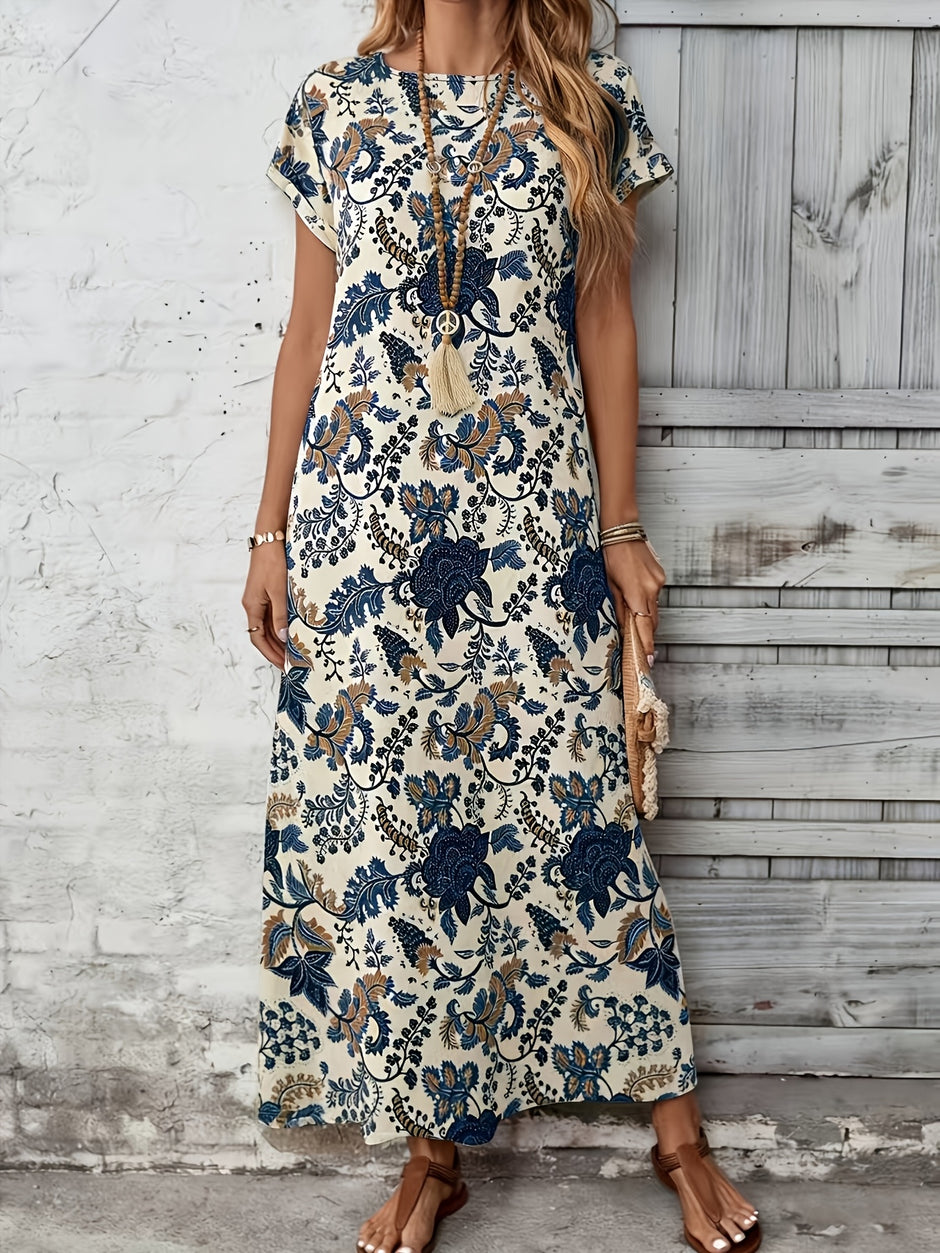 Damen Elegantes Blumenkleid – Kurzarm, Rundhals, Locker, Sommerkleid