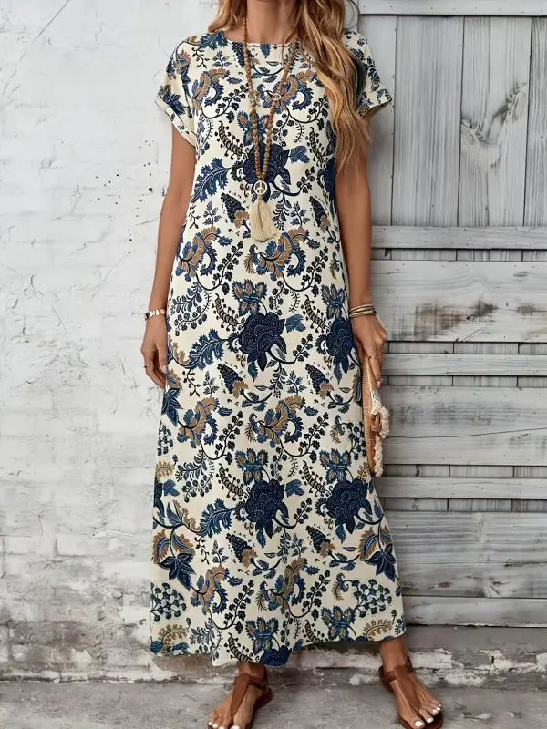Leichter damen blumenkleid kurzarm maxi sommerkleid in offwhite mit navy blumenmuster und golddetails