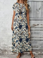 Leichter damen blumenkleid kurzarm maxi sommerkleid in offwhite mit navy blumenmuster und golddetails