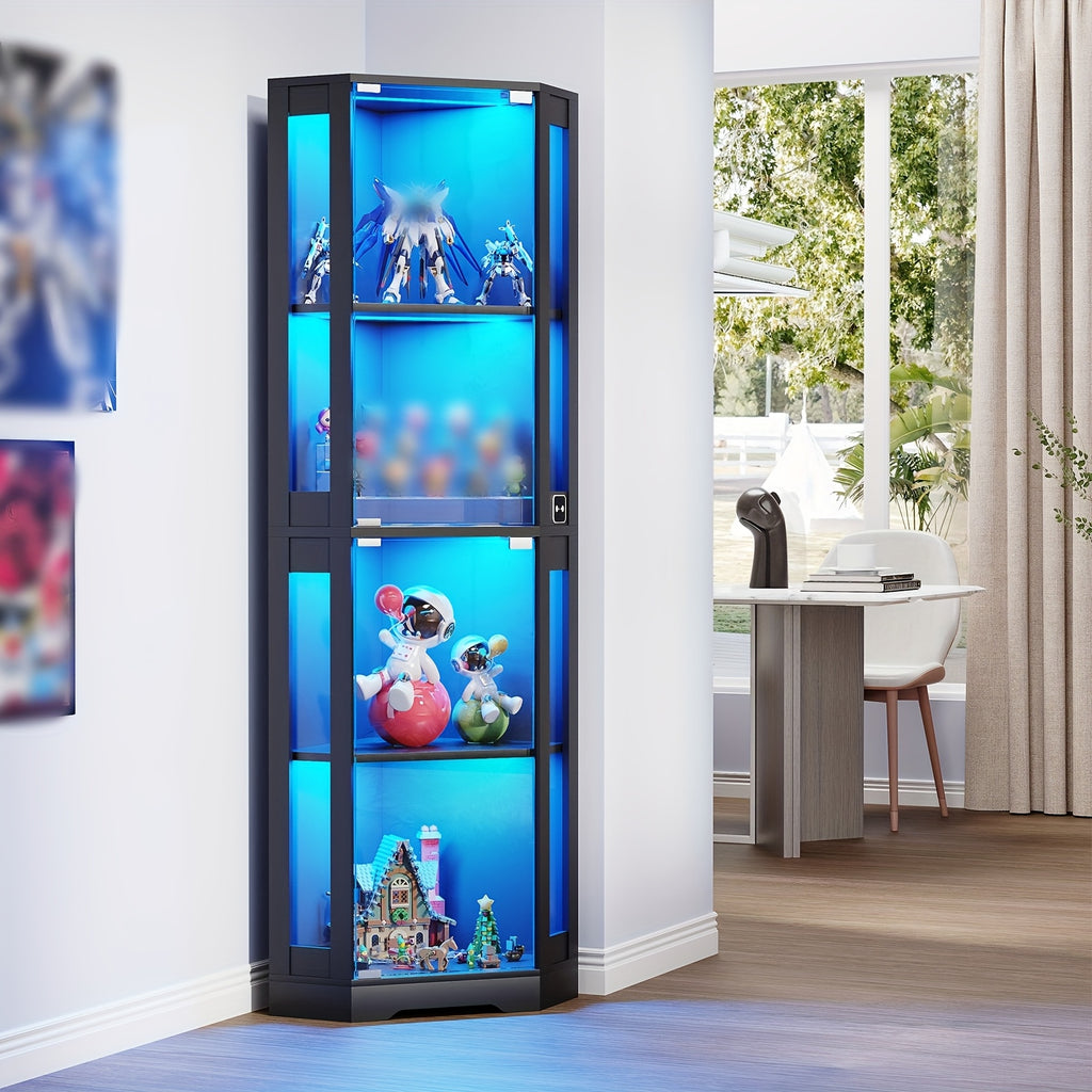 Eckbücherregal 4 Etagen mit LED-Beleuchtung & Bewegungssensor – Glas, Schwarz, Modern