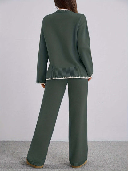 Zweiteiler Damen ZD0505906 – Elegantes Set mit Rundhals Pullover & Hose, Kontrastdesign, Frühling bis Winter