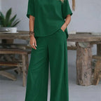 Damen casual 2-teiliges set mit weite hose und kurzarm shirt in smaragdgrün aus weichem, fließendem stoff
