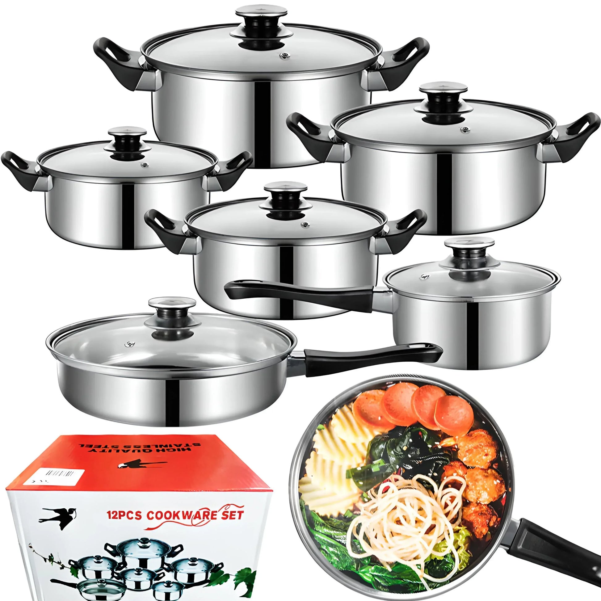 Edelstahl Topfset 12-teilig mit Glasdeckeln - Kochtopfset für alle Herdarten inkl. Induktion - Spülmaschinenfest - FUXLShop