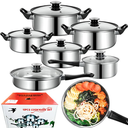 Edelstahl Topfset 12-teilig mit Glasdeckeln - Kochtopfset für alle Herdarten inkl. Induktion - Spülmaschinenfest - FUXLShop