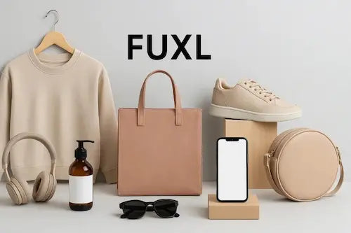 Beige Fashion-Set mit Sweatshirt, Kopfhörer, Sonnenbrille, Handtasche und Sneakers auf hellem Hintergrund – zentriert mit FUXL-Logo.