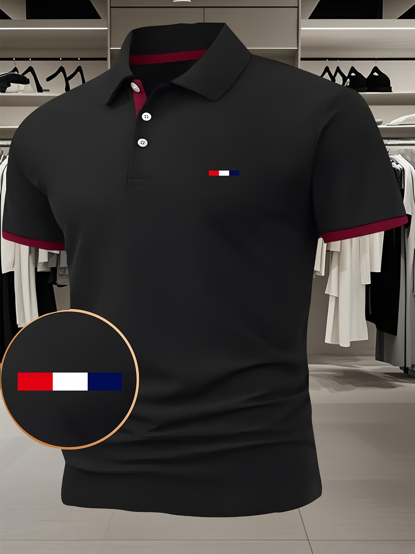Herren -Shirt Rot mit weiß-blauem Muster – Kurzarm, Knopfkragen, leicht dehnbar, ideal für Sommer & Freizeit