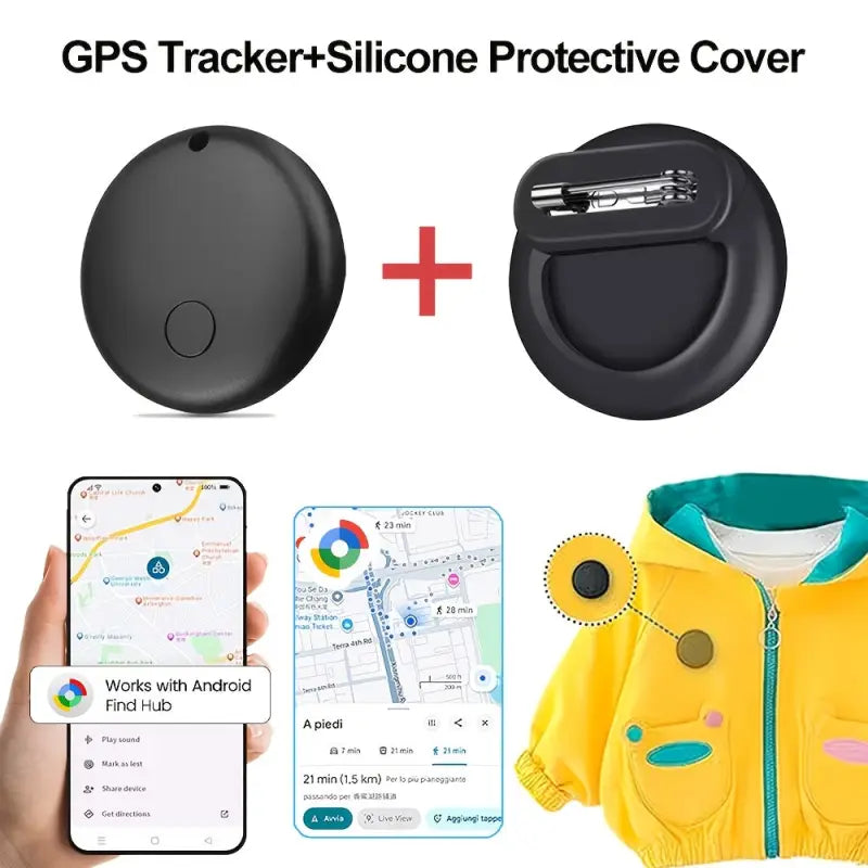Schwarzer runder smart tracker android mit silikon-schutzhülle, kleinem knopf und integriertem clip aus dem find hub 2er-set