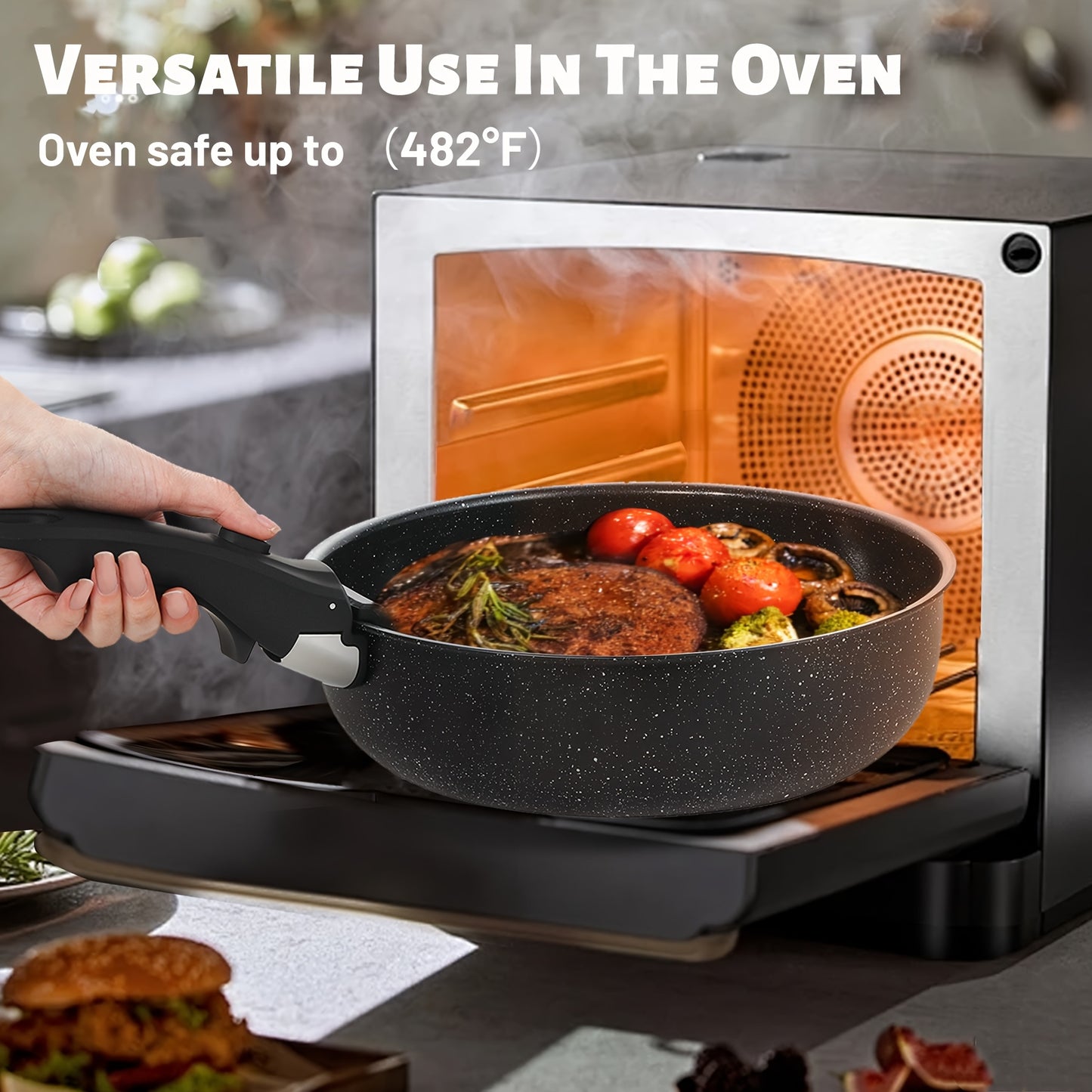 Kpxsiaion Keramik Antihaft-Kochgeschirr-Set mit abnehmbaren Griffen, induktionsgeeignet, stapelbar & ofenfest – Schwarz