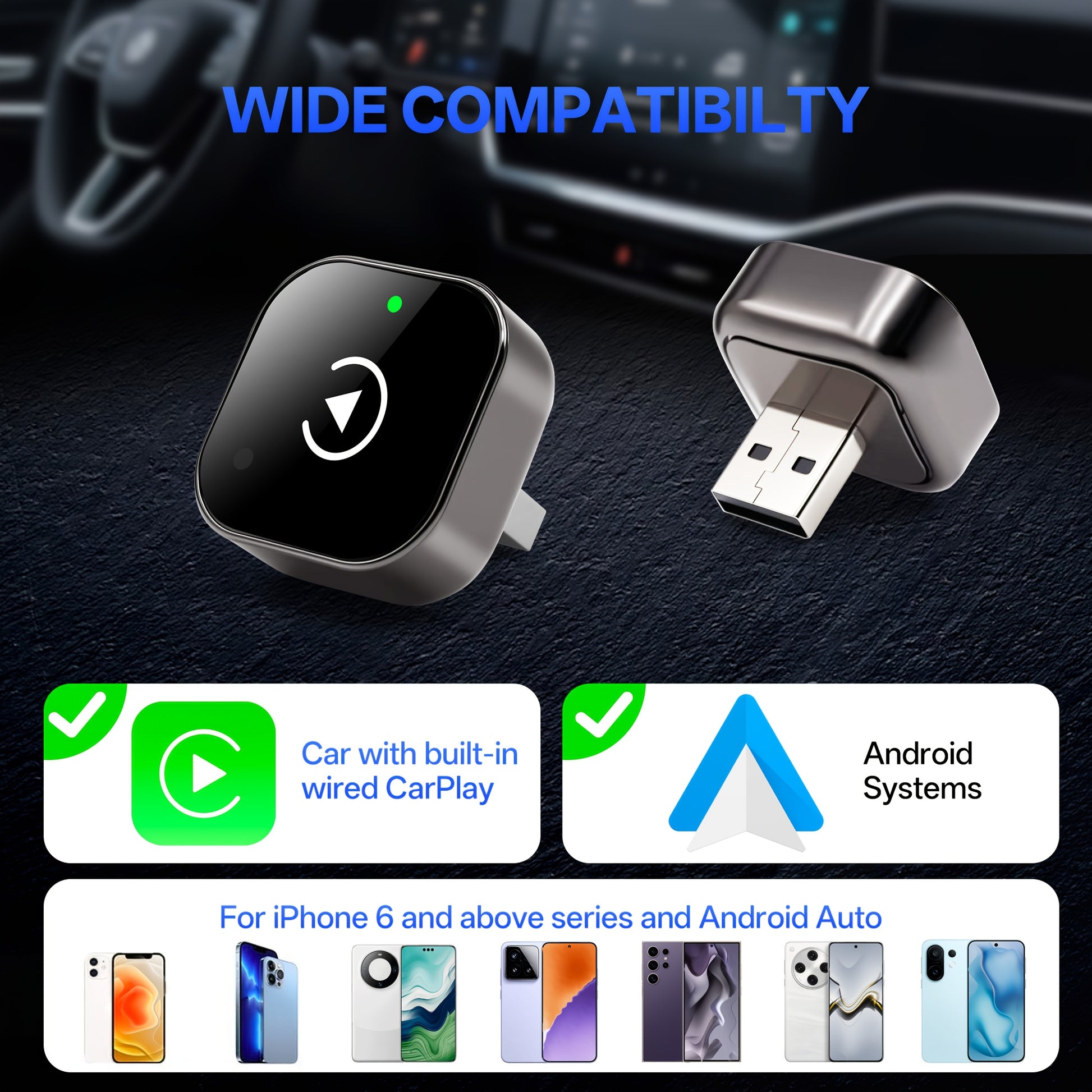 Kabelloser CarPlay & Android Auto Adapter mit USB/USB-C  
Kompakter Plug & Play Auto-Adapter ohne Akku  
2-in-1 Wireless Adapter für iPhone und Android im Fahrzeug  
Auto-Interface mit 0,5 s Latenz und WiFi-Unterstützung
