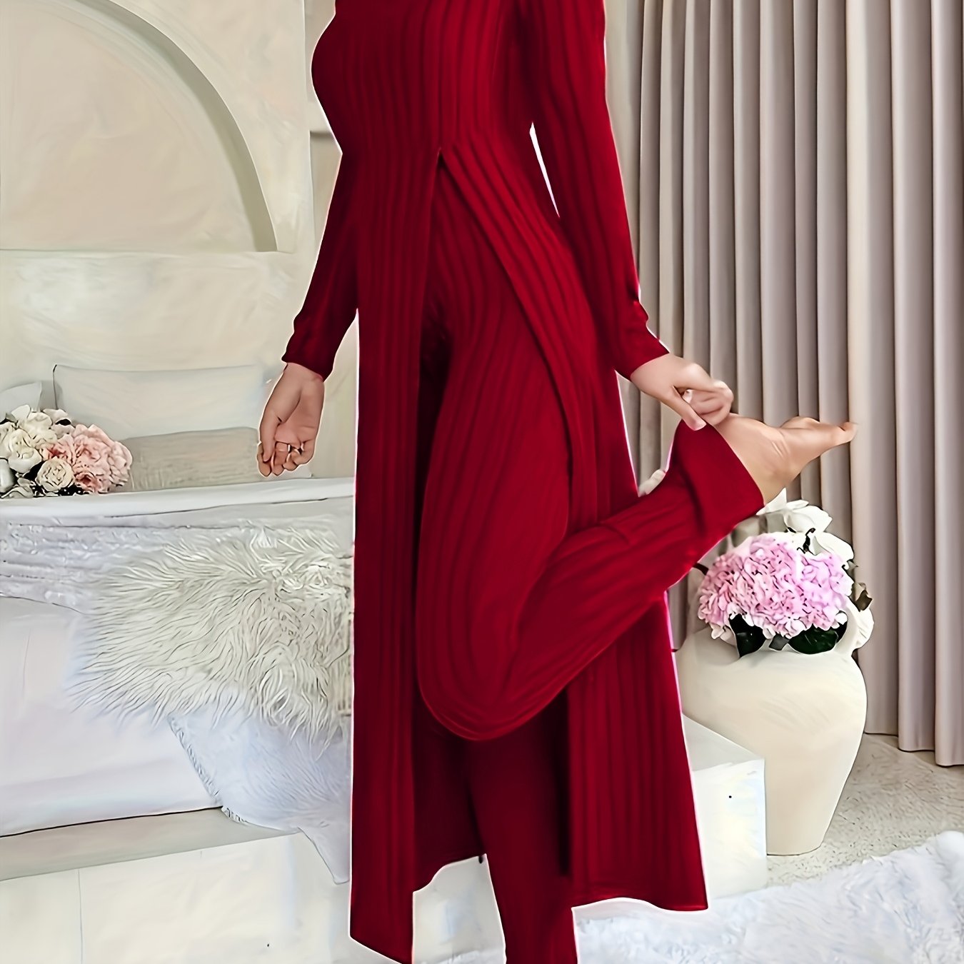 1 Clothes 1 Pants Casual Loose Long Sleeve Dress & Pants Set – Soft Fleece, 3D Stripe Design, hoher Schlitz, Crew Neck, bequem für Alltag & Zuhause