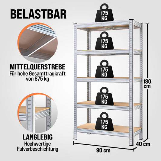 2X Schwerlastregal 180x90x40cm | 1750kg Traglast | 10 MDF-Böden | Kellerregal | Werkstattregal | Metallregal | Modular | Silbern