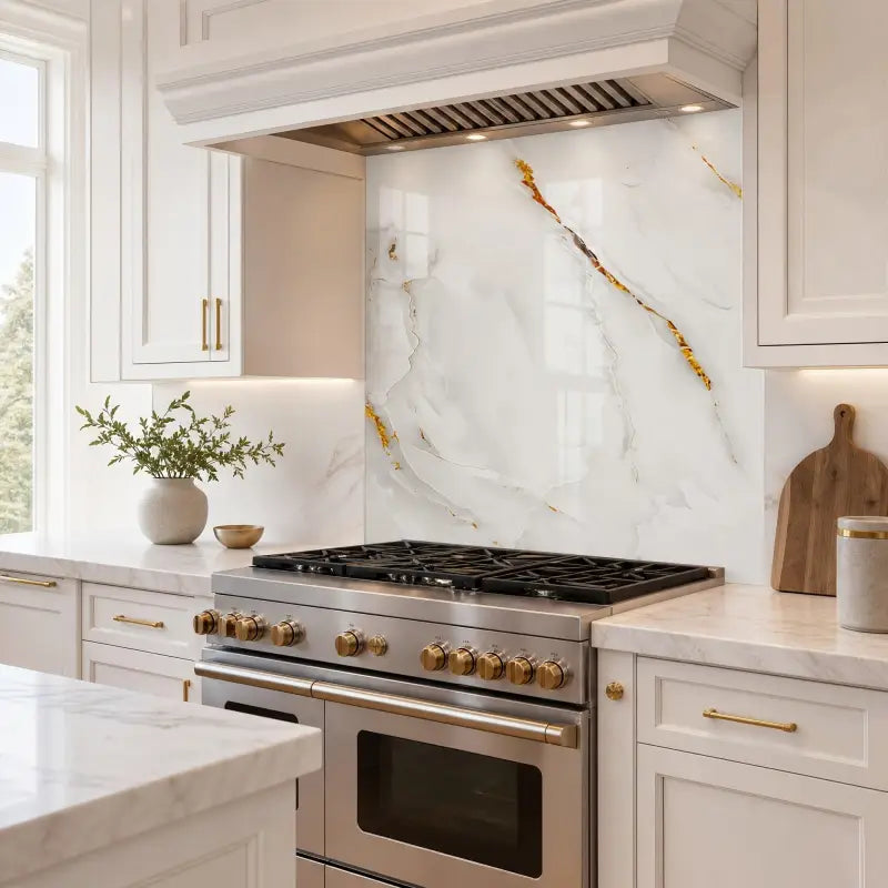 Stainless steel gas range mit goldfarbenen knöpfen neben selbstklebenden wandfliesen aufklebern in marmor optik
