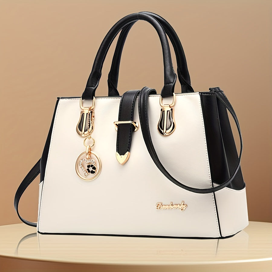 Damen Schultertasche mit Buchstaben-Detail – Elegante Handtasche mit Doppelgriff, große Arbeitstasche, schlichtes Design, für Büro & Alltag, mehrere Farben