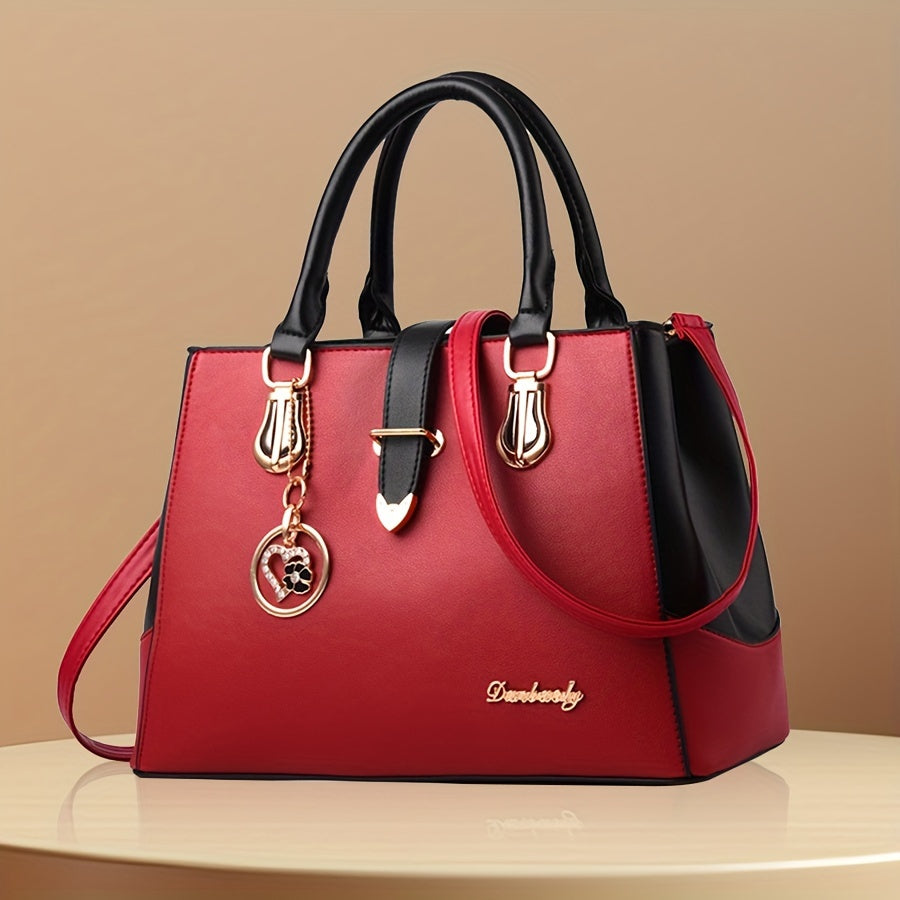Damen Schultertasche mit Buchstaben-Detail – Elegante Handtasche mit Doppelgriff, große Arbeitstasche, schlichtes Design, für Büro & Alltag, mehrere Farben