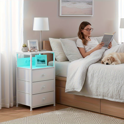 AMHANCIBLE 2er Set Nachttische mit 3 Stoffschubladen, LED-Beleuchtung & Ladefunktion – Modern & Praktisch