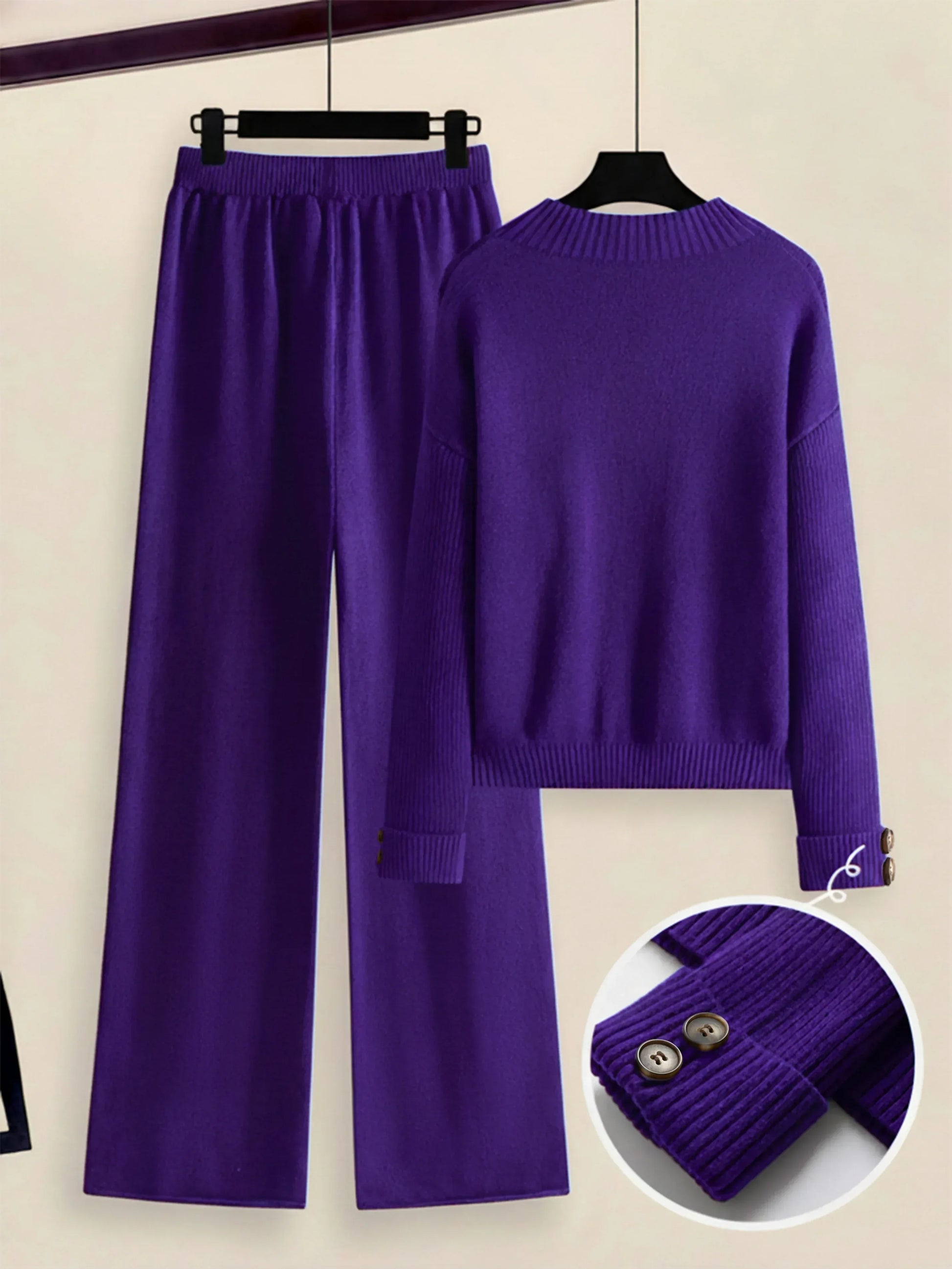 Damen Zweiteiler-Set mit Seitenstreifen – Rundhals Pullover & Gerade Hose, Weiche Freizeitkleidung für Herbst & Winter - FUXLShop