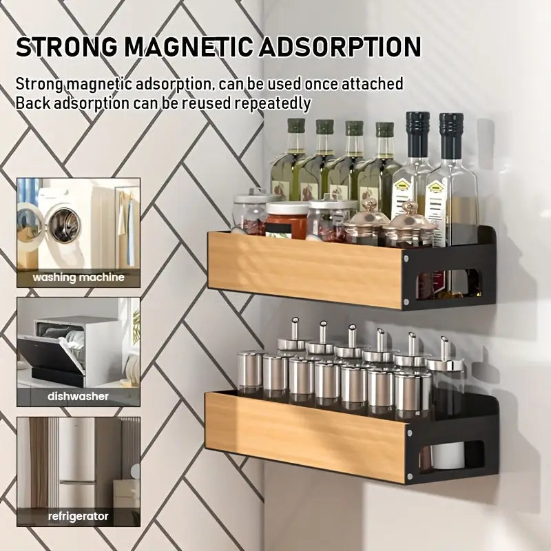 Modernes magnetisches kühlregal aus gusseisen in holz und schwarz mit glasflaschen und metallgewürzdosen online bestellen