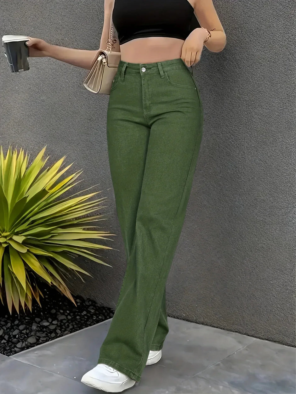 Army Green Stretch-Jeans – Straight Leg, High Waist, Casual Fit - FUXLShop