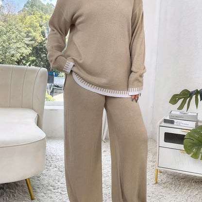 Plus Size Damen Outfit – Braun & Colorblock Sweater & Hose Set | Stretch, Rundhals, Langarm, All Season Casual Look