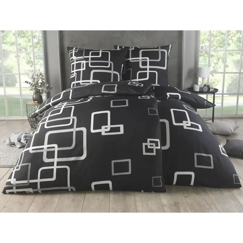 Schwarzes bettwäsche-set 135x200 4-teilig mit modernem geometrischem muster aus weißen und grauen rechtecken