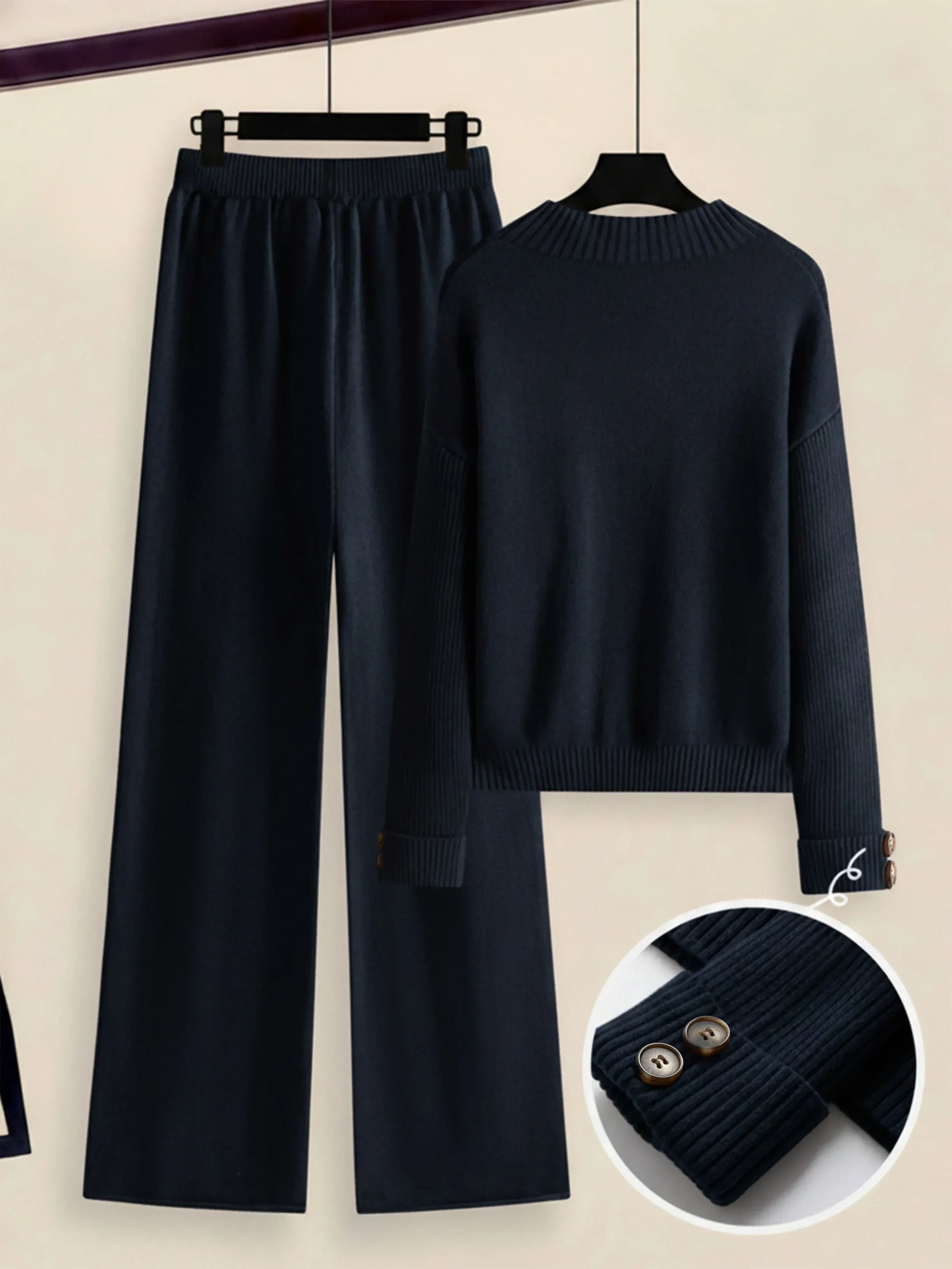 Damen Zweiteiler-Set mit Seitenstreifen – Rundhals Pullover & Gerade Hose, Weiche Freizeitkleidung für Herbst & Winter - FUXLShop
