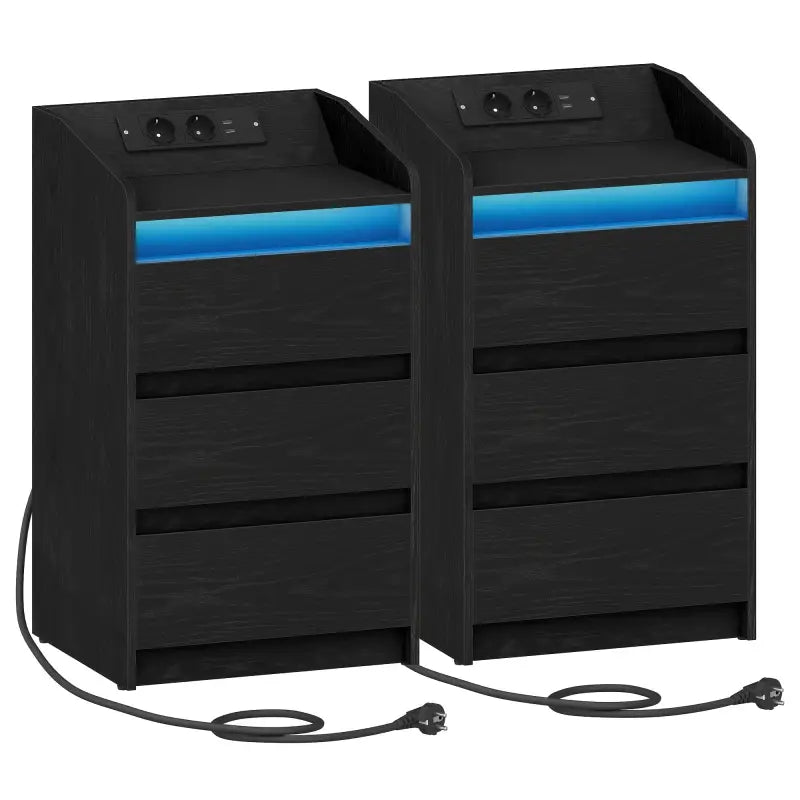 Schwarzer nachttisch 2er-set mit blauer led-beleuchtung und eingebauten steckdosen zum online bestellen als geschenkideen