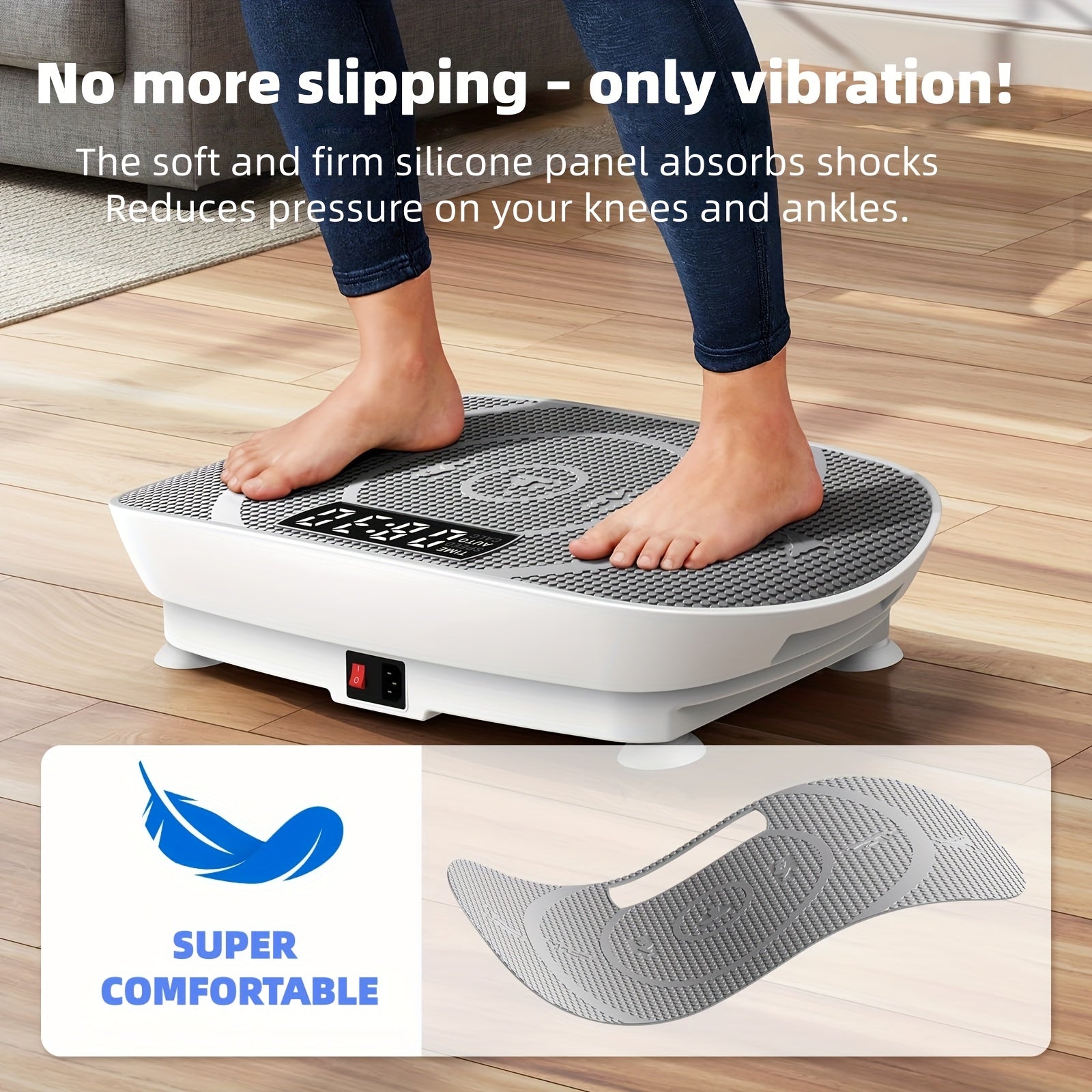 Frauen Vibrationsplatte – kompakte weiße Fitnessplattform mit LED-Display, Fernbedienung und rutschfestem Silikonpad für leises Ganzkörpertraining, Muskelstraffung und Core-Stärkung zuhause.
