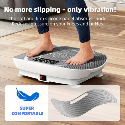 Frauen Vibrationsplatte – kompakte weiße Fitnessplattform mit LED-Display, Fernbedienung und rutschfestem Silikonpad für leises Ganzkörpertraining, Muskelstraffung und Core-Stärkung zuhause.
