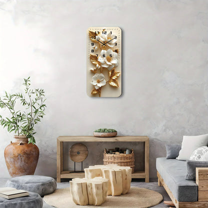 Wanduhr Holz mit Kristall - Weiße Magnolien & Goldene Blätter - Lautlos 19x38cm - FUXLShop