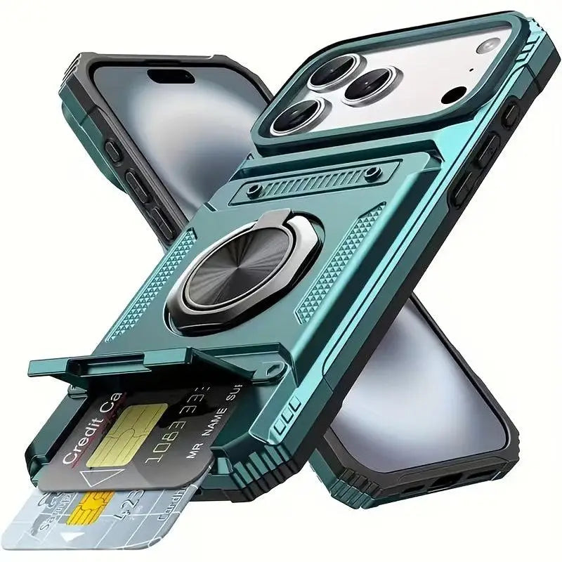 Teal und schwarze stoßfeste handyhülle mit metallhalter und dual-kartenslot auf der rückseite, heavy duty online bestellen